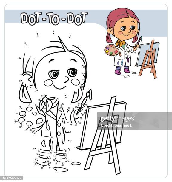 numbers game, education game for children, little girl painting on a canvas - connect the dots child stock illustrations