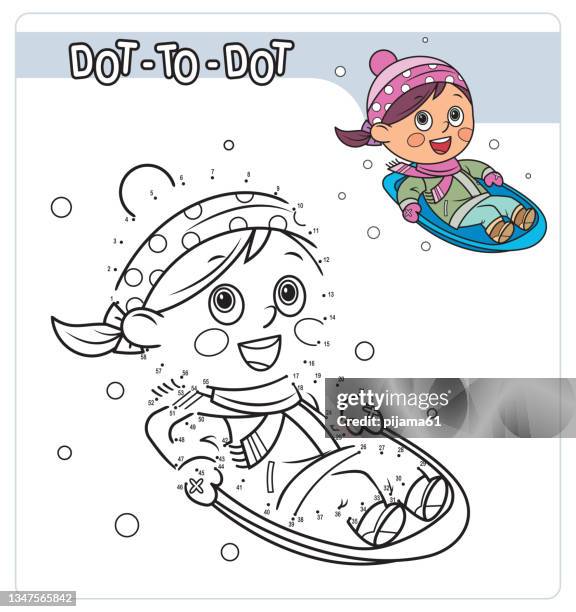 numbers game, education game for children, little girl sledding in winter - connect the dots child stock illustrations