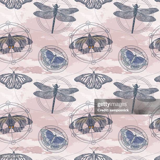 moth, butterfly and dragonfly sacred geometry seamless pattern - dragonfly background stock illustrations