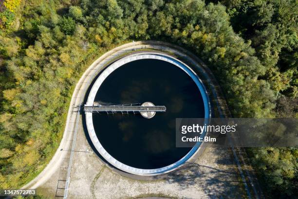 sewage treatment plant, aerial view - water treatment stock pictures, royalty-free photos & images