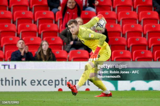 Mark Travers of Bournemouth during the Sky Bet Championship match between Stoke City and AFC Bournemouth at Bet365 Stadium on October 19, 2021 in...