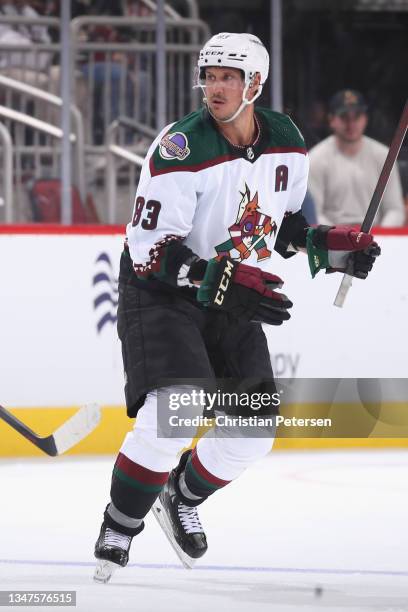 Jay Beagle of the Arizona Coyotes skates during the NHL game at Gila River Arena on October 18, 2021 in Glendale, Arizona. The Blues defeated the...