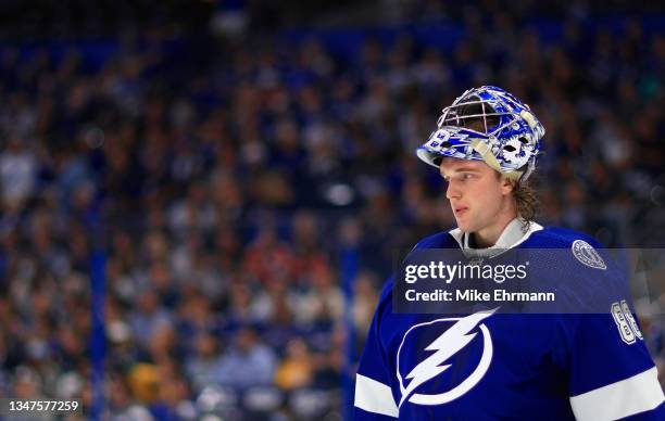 Andrei Vasilevskiy of the Tampa Bay Lightning looks on during the first period of a game against the Florida Panthers at Amalie Arena on October 19,...