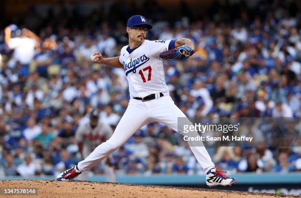 Pitcher Joe Kelly of the Los Angeles Dodgers pitches during the 6th inning of Game 3 of the National League Championship Series against the Atlanta...