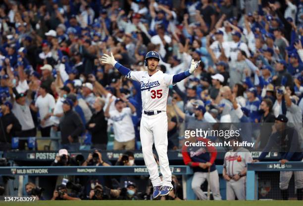 Cody Bellinger of the Los Angeles Dodgers hits a 3-run home run during the 8th inning of Game 3 of the National League Championship Series against...