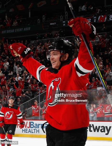 Jimmy Vesey of the New Jersey Devils celebrates his second period goal against the Seattle Kraken at the Prudential Center on October 19, 2021 in...