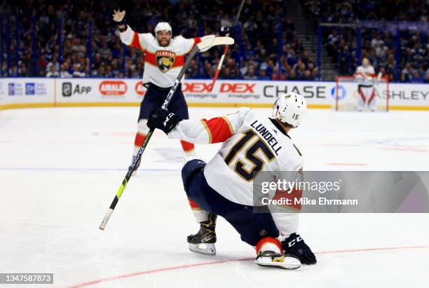 Anton Lundell of the Florida Panthers celebrates a goal in the third period during a game against the Tampa Bay Lightning at Amalie Arena on October...