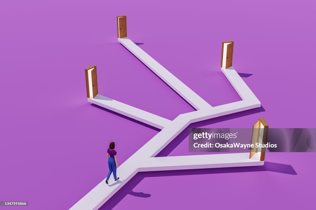 Woman walking on branching way leading to multiple doors, choice and decision