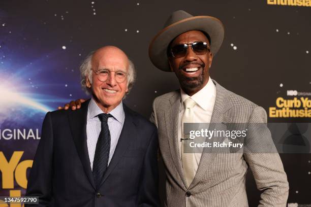 Larry David and J.B. Smoove attend the premiere of HBO's "Curb Your Enthusiasm" at Paramount Pictures Studios on October 19, 2021 in Los Angeles,...