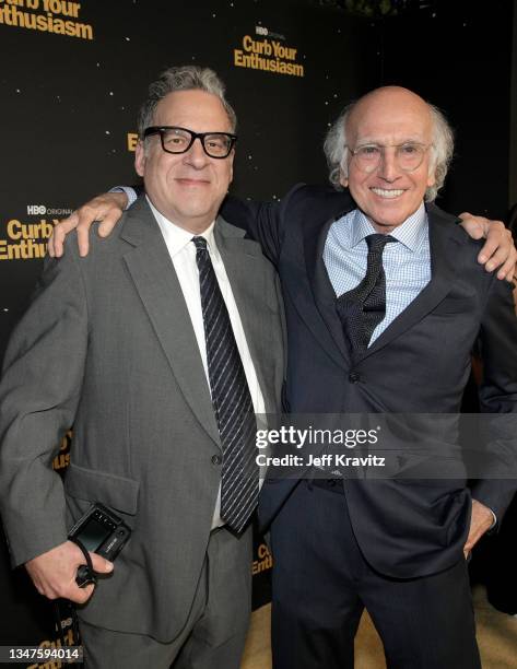 Jeff Garlin and Larry David attend HBO's "Curb Your Enthusiasm" Season 11 Premiere at Paramount Theatre on October 19, 2021 in Los Angeles,...