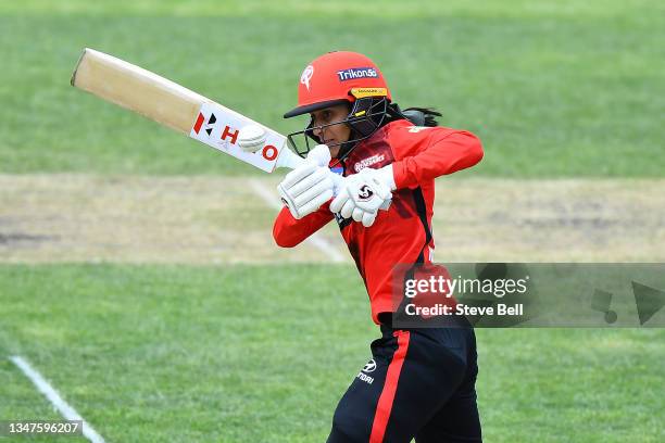 Jemimah Rodrigues of the Renegades bats during the Women's Big Bash League match between the Melbourne Renegades and the Adelaide Strikers at...