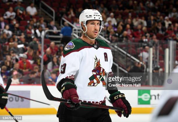 Jay Beagle of the Arizona Coyotes gets ready prior to a face off against the St Louis Blues at Gila River Arena on October 18, 2021 in Glendale,...