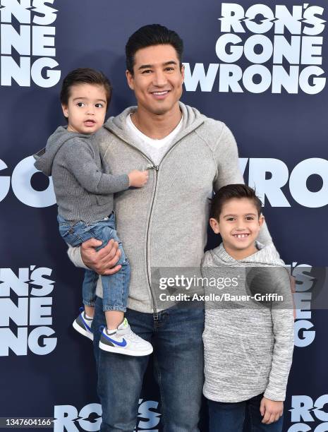 Mario Lopez, Dominic Lopez and Santino Rafael Lopez attend the Premiere of Disney Studios' "Ron's Gone Wrong" at El Capitan Theatre on October 19,...