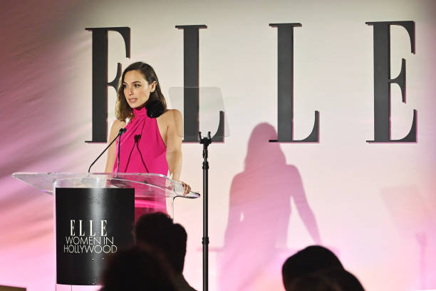 Gal Gadot speaks onstage during ELLE's 27th Annual Women In Hollywood Celebration, presented by Ralph Lauren and Lexus, at Academy Museum of Motion...