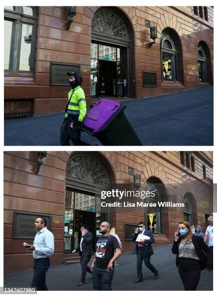 In this before-and-after composite image **TOP IMAGE SYDNEY, AUSTRALIA A cleaning worker moves through Martin Place in the CBD on September 24, 2021...