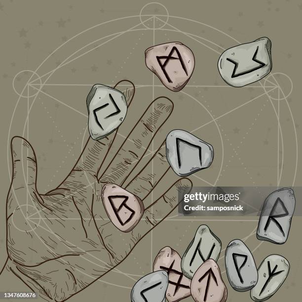 illustrazioni stock, clip art, cartoni animati e icone di tendenza di line art hand casting nordic rune stones - medium group of objects