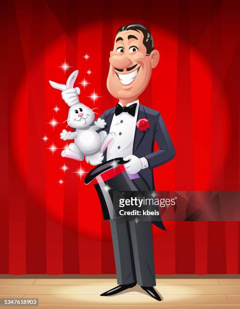 magician on stage pulling rabbit out of hat - magic hat stock illustrations
