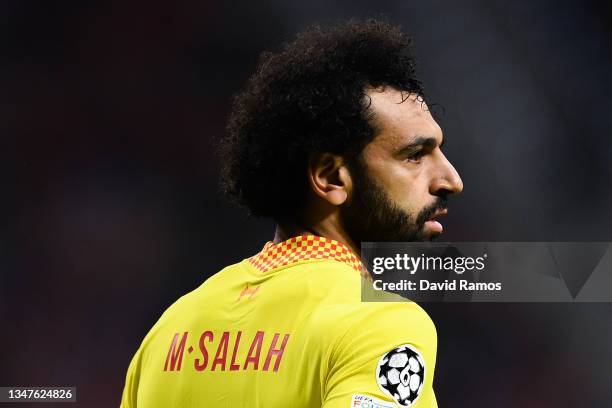 Mohamed Salah of Liverpool FC looks on uring the UEFA Champions League group B match between Atletico Madrid and Liverpool FC at Wanda Metropolitano...