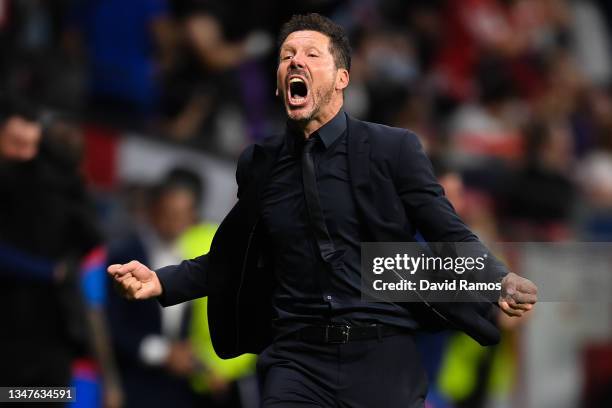 Head coach Diego Pablo Simeone of Atletico de Madrid celebrates after Antoine Griezmann, not in frame, scored his team's second goal during the UEFA...