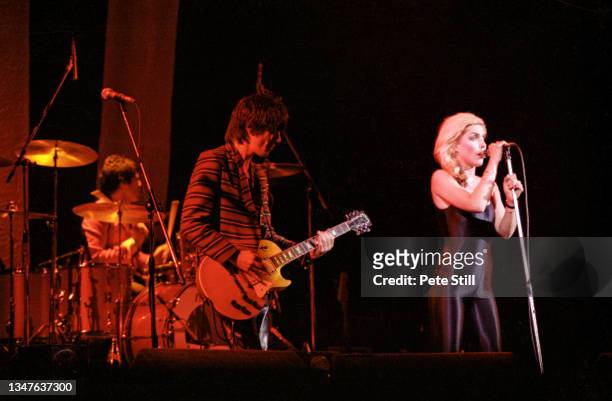 Clem Burke, Frank Infante and Debbie Harry of Blondie perform on stage at Hammersmith Odeon on September 16th, 1978 in London, England.