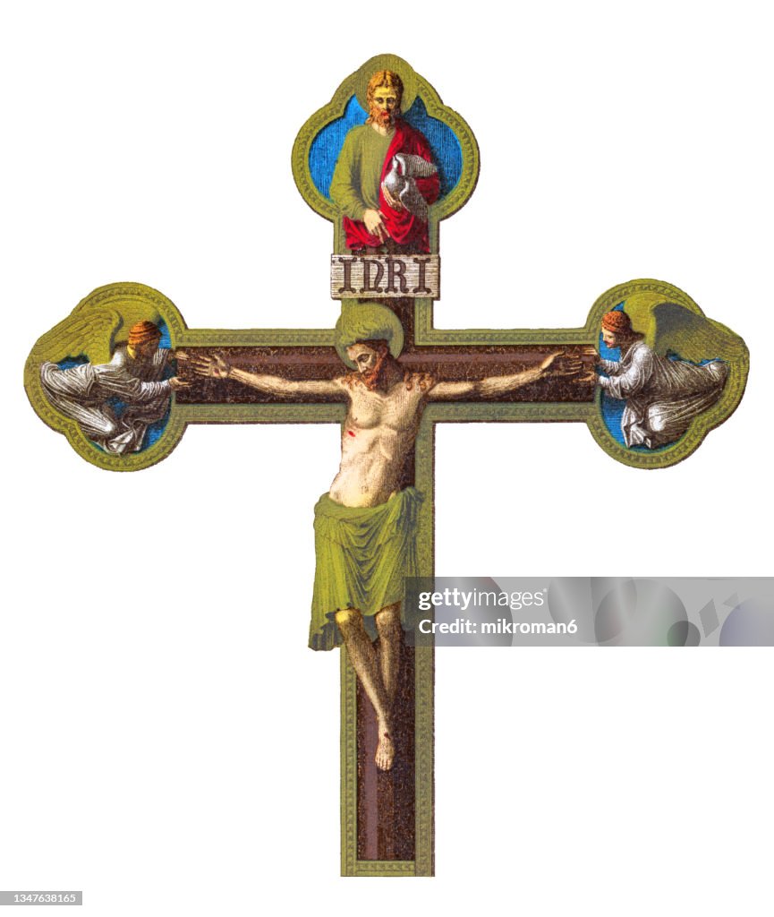 Old chromolithograph illustration of Christ on the Cross, Triumphal Cross with Crucifixion Group, Benedictine Monastery Wechselburg, Saxony, Germany