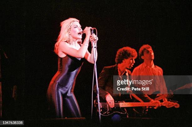 Debbie Harry, Nigel Harrison and Chris Stein of Blondie perform on stage at Hammersmith Odeon on September 16th, 1978 in London, England.