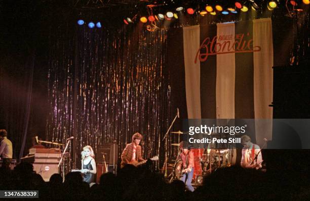 Debbie Harry, Frank Infante, Nigel Harrison, Clem Burke and Chris Stein of Blondie perform on stage at Hammersmith Odeon on September 16th, 1978 in...