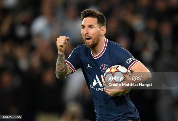 Lionel Messi of Paris Saint-Germain celebrates after scoring their side's second goal during the UEFA Champions League group A match between Paris...