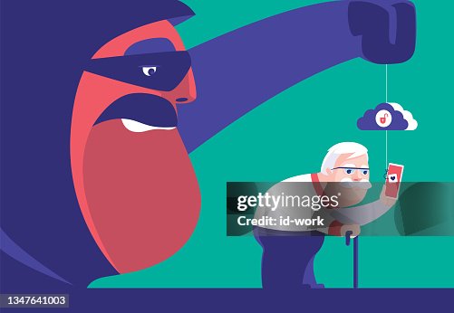 Senior man checking smartphone with unsafe cloud computing and scammer surveillance behind Senior man checking smartphone with unsafe cloud computing and scammer surveillance behind