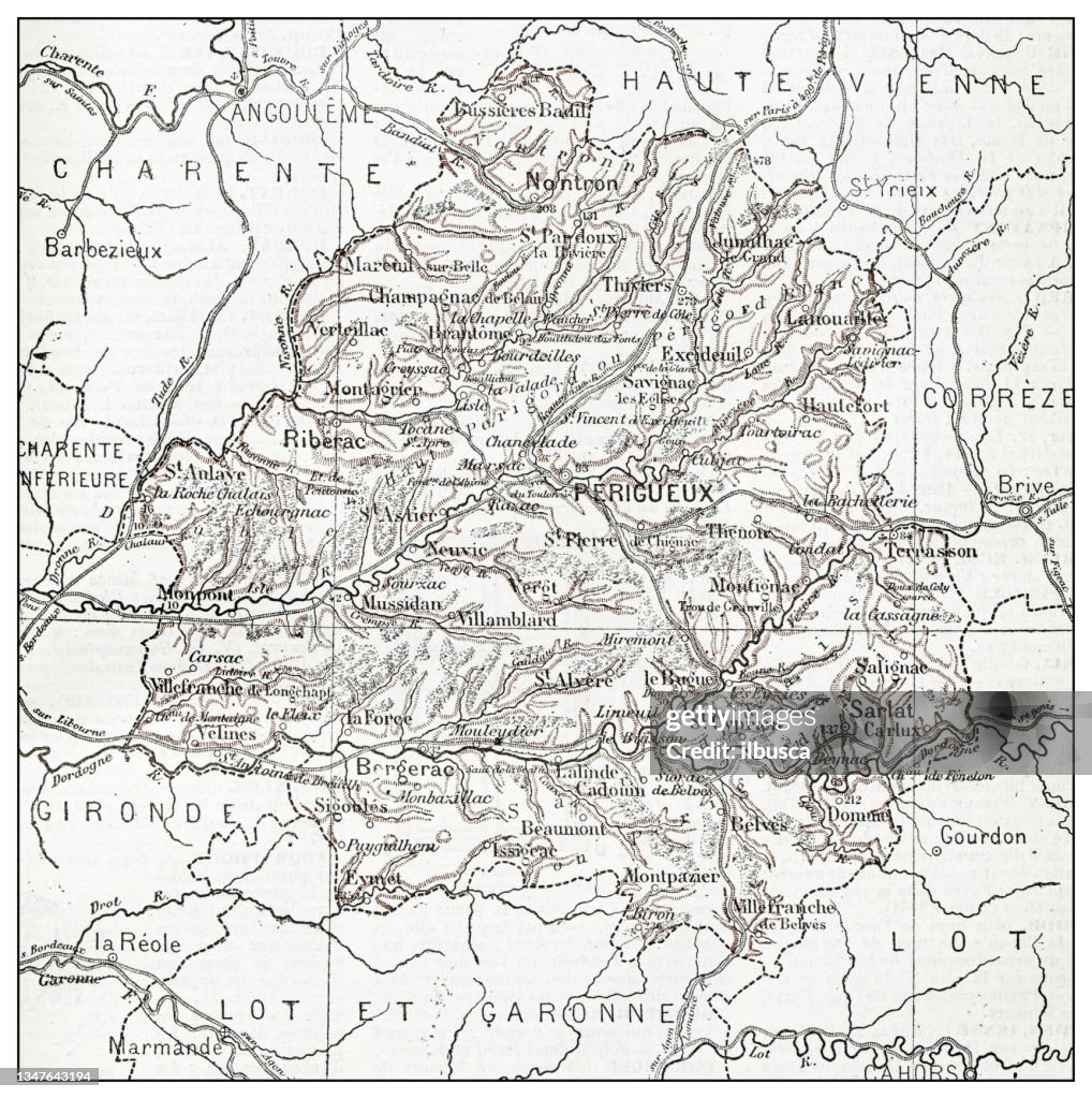 Antique French map of Dordogne (département)