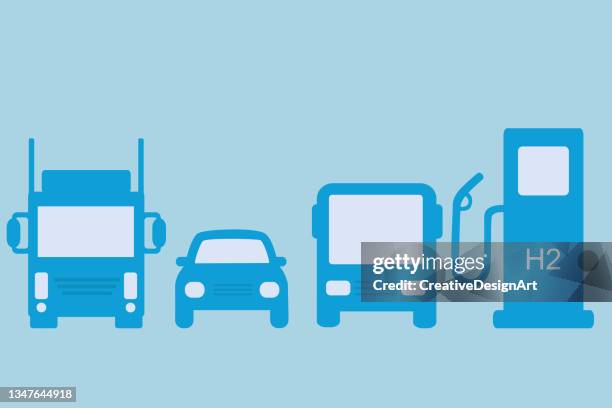 front view of car, bus and truck at hydrogen filling station - fuel cell battery stock illustrations