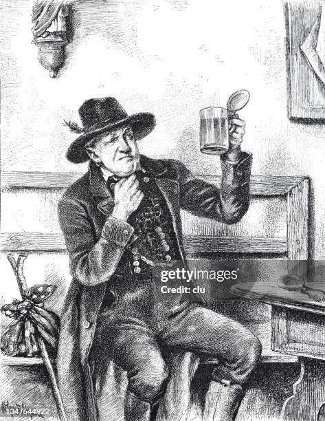 older gentleman has to be content with the rest of a beer keg - beer glass stock illustrations