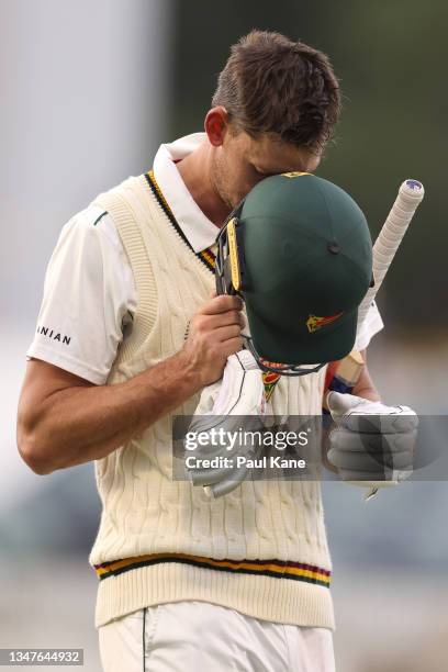 Beau Webster of Tasmania walks from the field after being dismissed by Joel Paris of Western Australia during day four of the Sheffield Shield match...