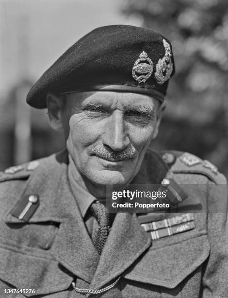 British Army officer General Bernard Montgomery , Commander of the Eighth Army, posed wearing his beret and battledress in London during World War II...