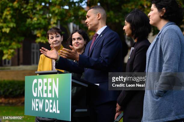 Caroline Lucas MP , Nadia Whittome MP , Clive Lewis MP , Zarah Sultana MP and Claire Hanna NP speak to supporters on October 20, 2021 in London,...