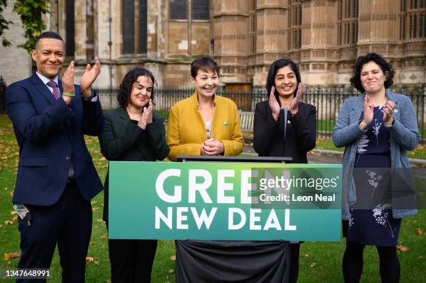 Clive Lewis MP , Nadia Whittome MP , Caroline Lucas MP , Zarah Sultana MP and Claire Hanna NP speak to supporters on October 20, 2021 in London,...