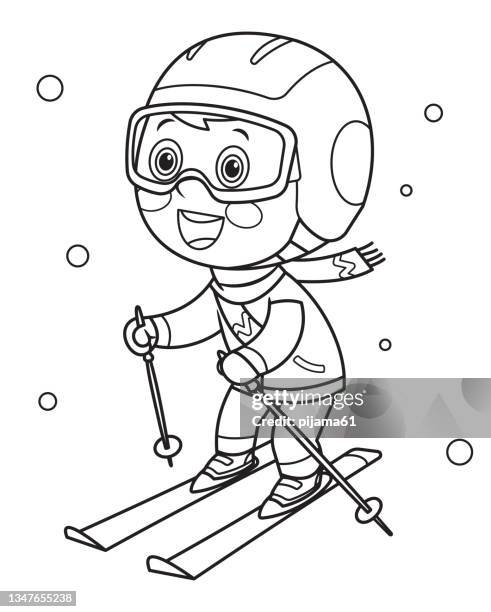 illustrazioni stock, clip art, cartoni animati e icone di tendenza di libro da colorare, ragazzino che scia in discesa - colorare