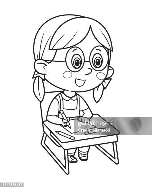 coloring book, little girl writes on the paper at the desk. school child at the table - coloring book stock illustrations