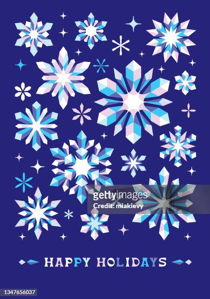 illustrazioni stock, clip art, cartoni animati e icone di tendenza di biglietto di buone feste con fiocchi di neve geometrici - snowflake