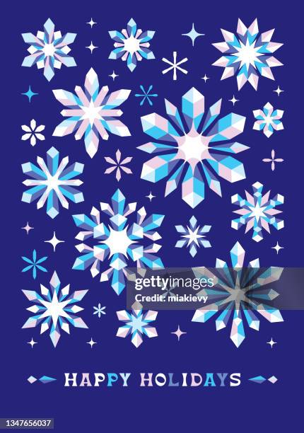 ilustrações, clipart, desenhos animados e ícones de cartão de férias felizes com flocos de neve geométricos - cristal