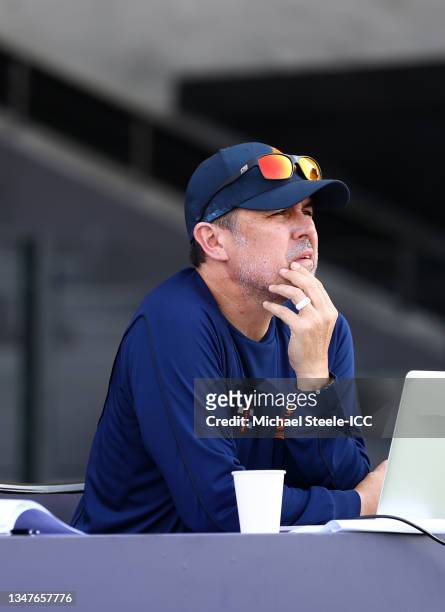 Ryan Campbell, Head Coach of Netherlands looks on during the ICC Men's T20 World Cup match between Namibia and Netherlands at Sheikh Zayed stadium on...
