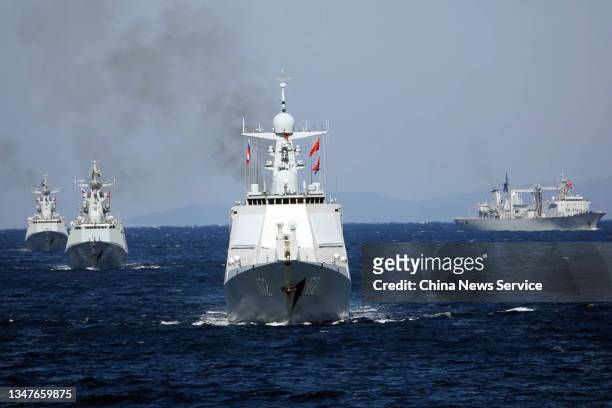Chinese naval fleet is pictured during the China-Russia 'Joint Sea-2021' military drill near the Peter the Great Gulf on October 15, 2021 in Russia.