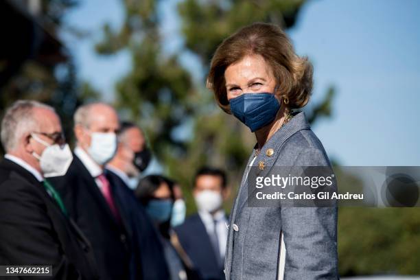 Queen Sofia of Spain during her arrival to visit the food bank of Granada on October 20, 2021 in Granada, Spain.