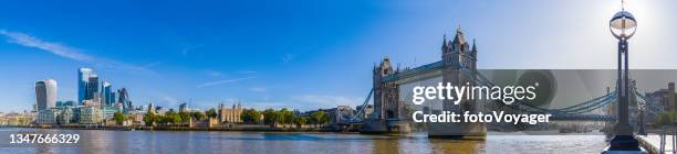 london tower bridge city skyscrapers overlooking thames embankment panorama - panoramic skyline stock pictures, royalty-free photos & images