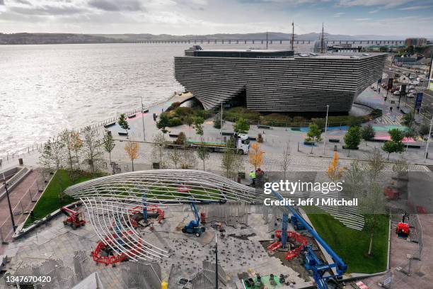 An ariel view of the newly installed whale sculpture by Lee Simmons on October 20, 2021 in Dundee, Scotland. The whale was designed by artist Lee...