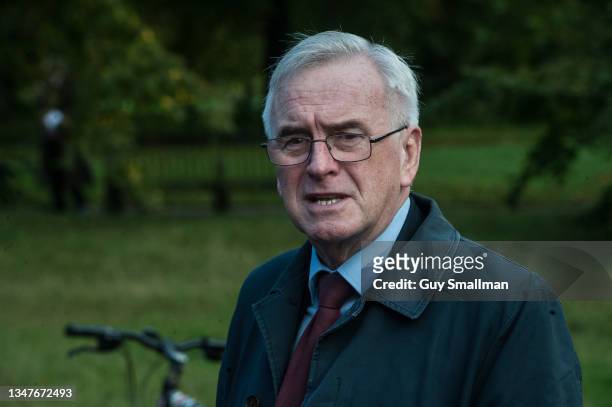 Striking Royal Park workers are addressed by former shadow chancellor John McDonnell on October 20, 2021 in London, England.Royal Parks' cleaners...
