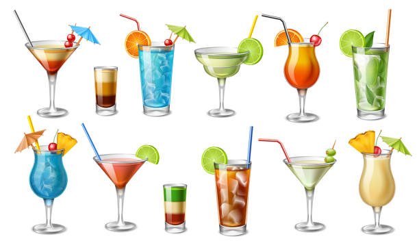 summer cocktails bikini, blue motorcycle, blue hawaiian, cosmopolitan, cuba libre, daiquiri, martini, mojito, pina colada, tequila sunrise and shots - orange cocktail stock illustrations