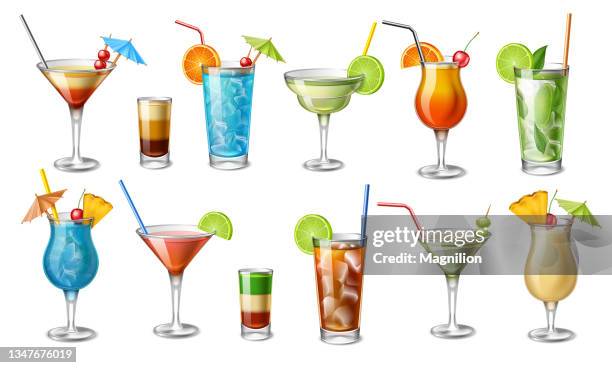 summer cocktails bikini, blue motorcycle, blue hawaiian, cosmopolitan, cuba libre, daiquiri, martini, mojito, pina colada, tequila sunrise and shots - blue hawaiian stock illustrations