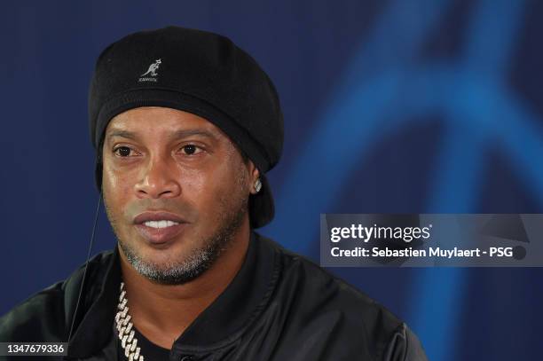 Ronaldinho answers PSG TV before the UEFA Champions League group A match between Paris Saint-Germain and RB Leipzig at Parc des Princes on October...