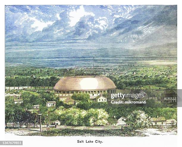 old engraved illustration of general view of salt lake city, utah - the church of jesus christ of latter-day saints stock pictures, royalty-free photos & images